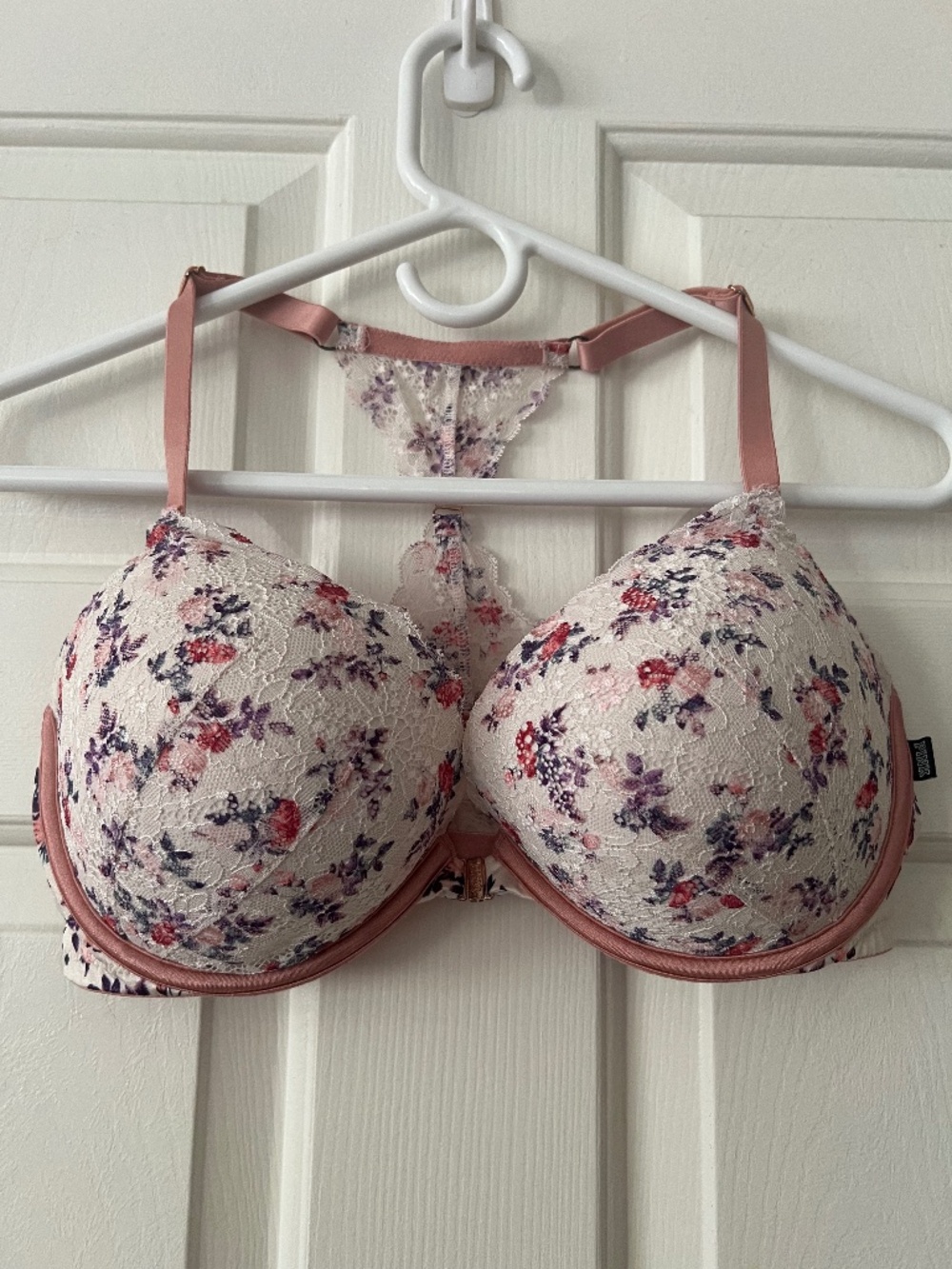 Victoria's Secret PINK Date Push-Up Bra 36DD White Lace Flowers Racerback EUC